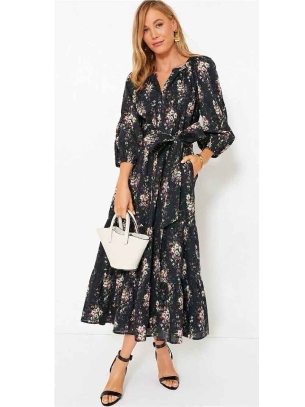 Tuckernuck Onyx Falling Flowers Bouqet Lyles Cotton Maxi Dress Medium